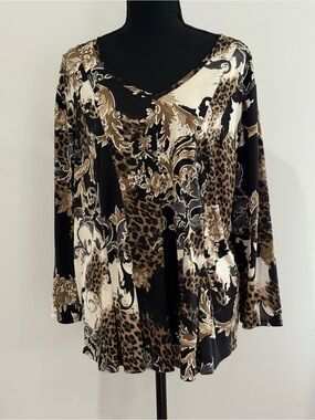 Sami &Jo PXL Womens Leopard & Scroll Print V-Neck Top - Black & Brown 526